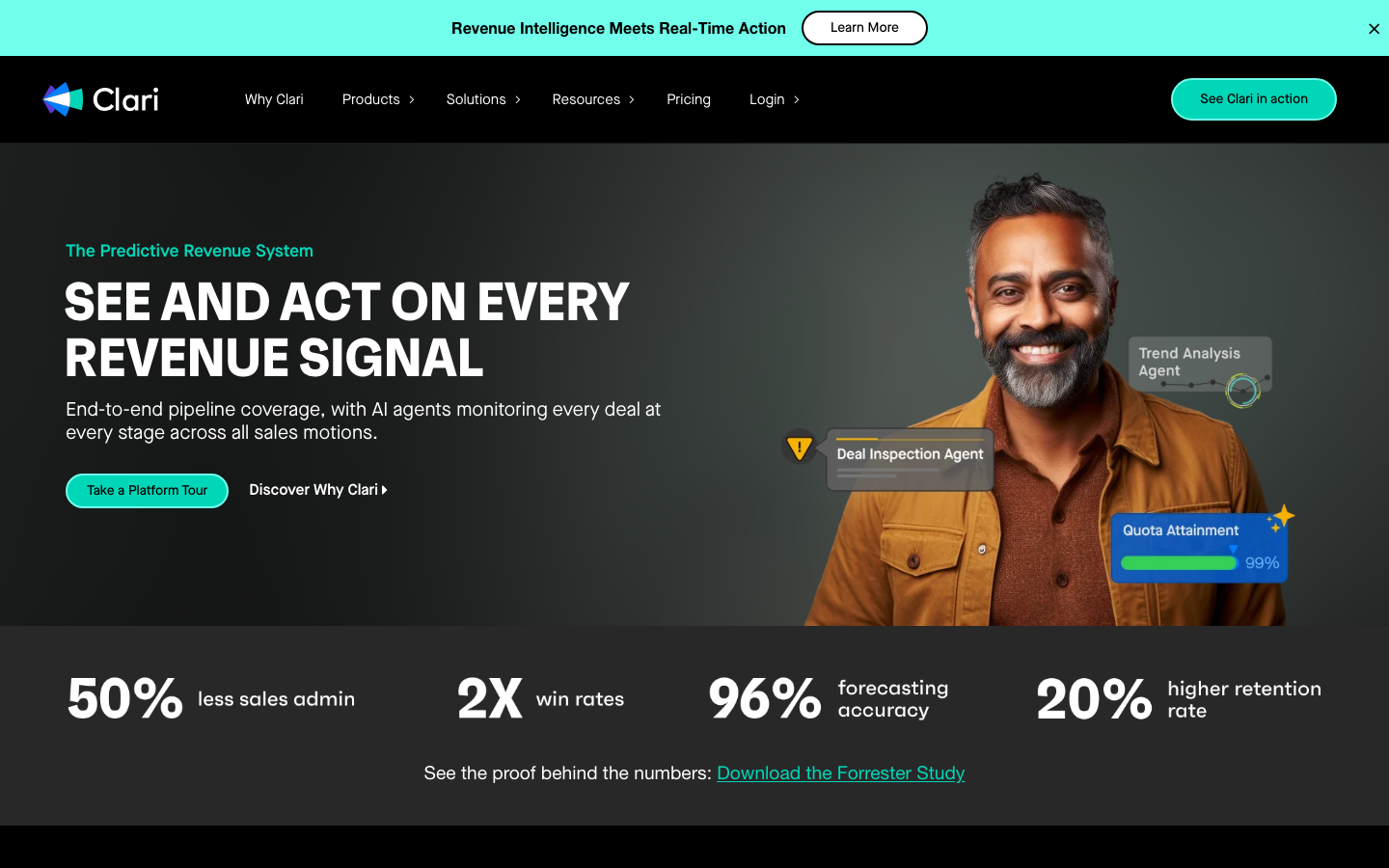 Groove by Clari homepage showing revenue intelligence meets real-time action headline