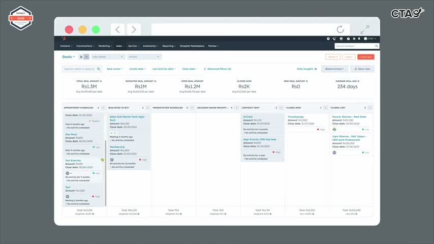 HubSpot Sales Hub prospecting workspace showing lead queue with activity filters, sequence enrollment options and contact timeline in one view