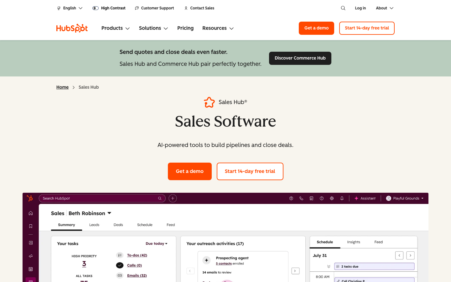 HubSpot Sales Hub prospecting workspace showing sequences, tasks, and contact activities