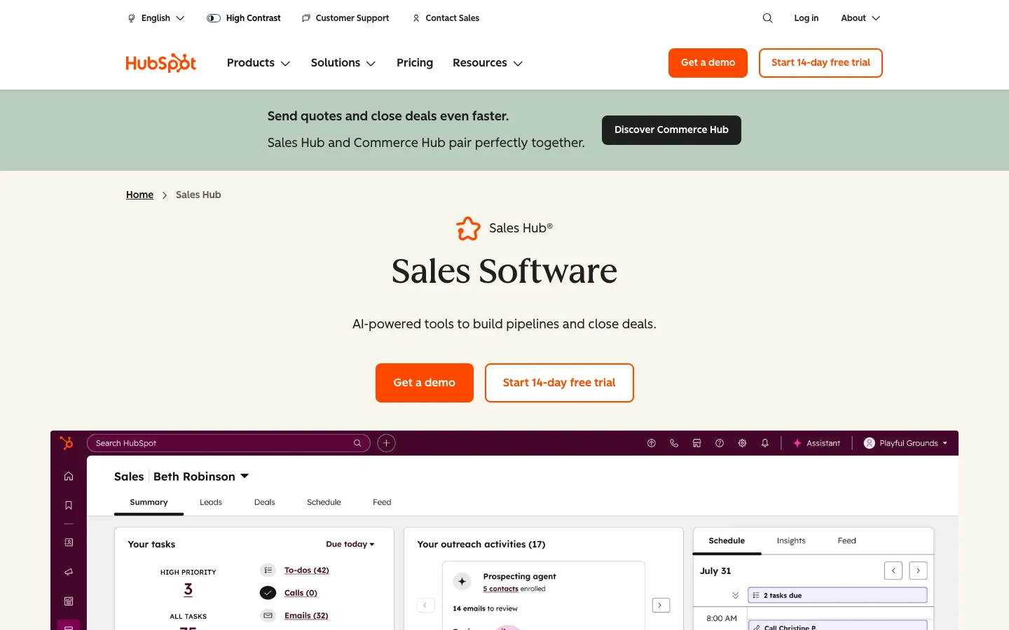 HubSpot Sales Hub prospecting workspace showing sequences, tasks, and contact activities