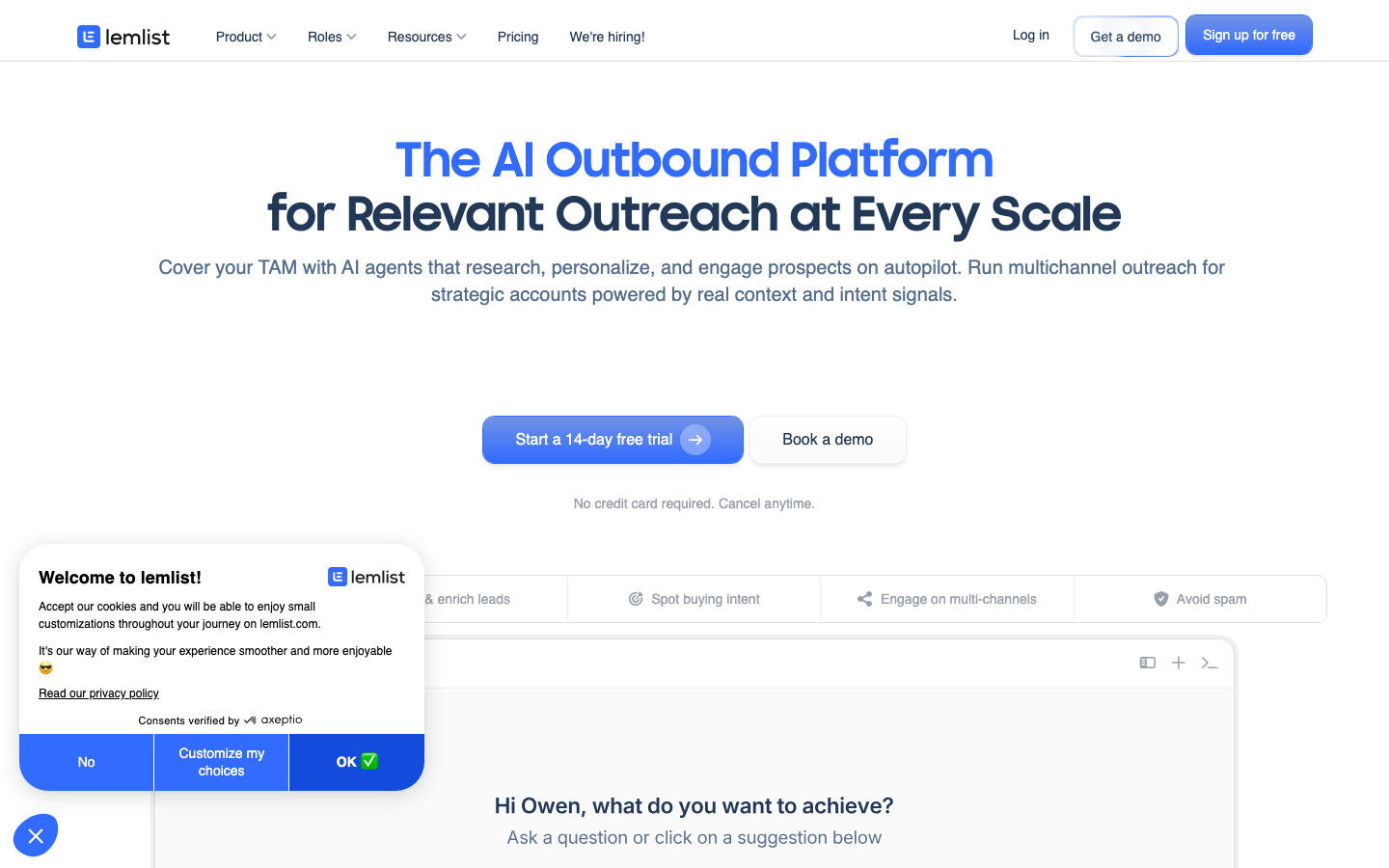 Lemlist homepage showing multichannel outreach sequences and personalization features