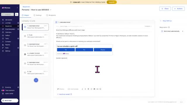 Mixmax engagement tracking dashboard showing email open and click data, reply rates and sequence performance metrics for active outbound campaigns