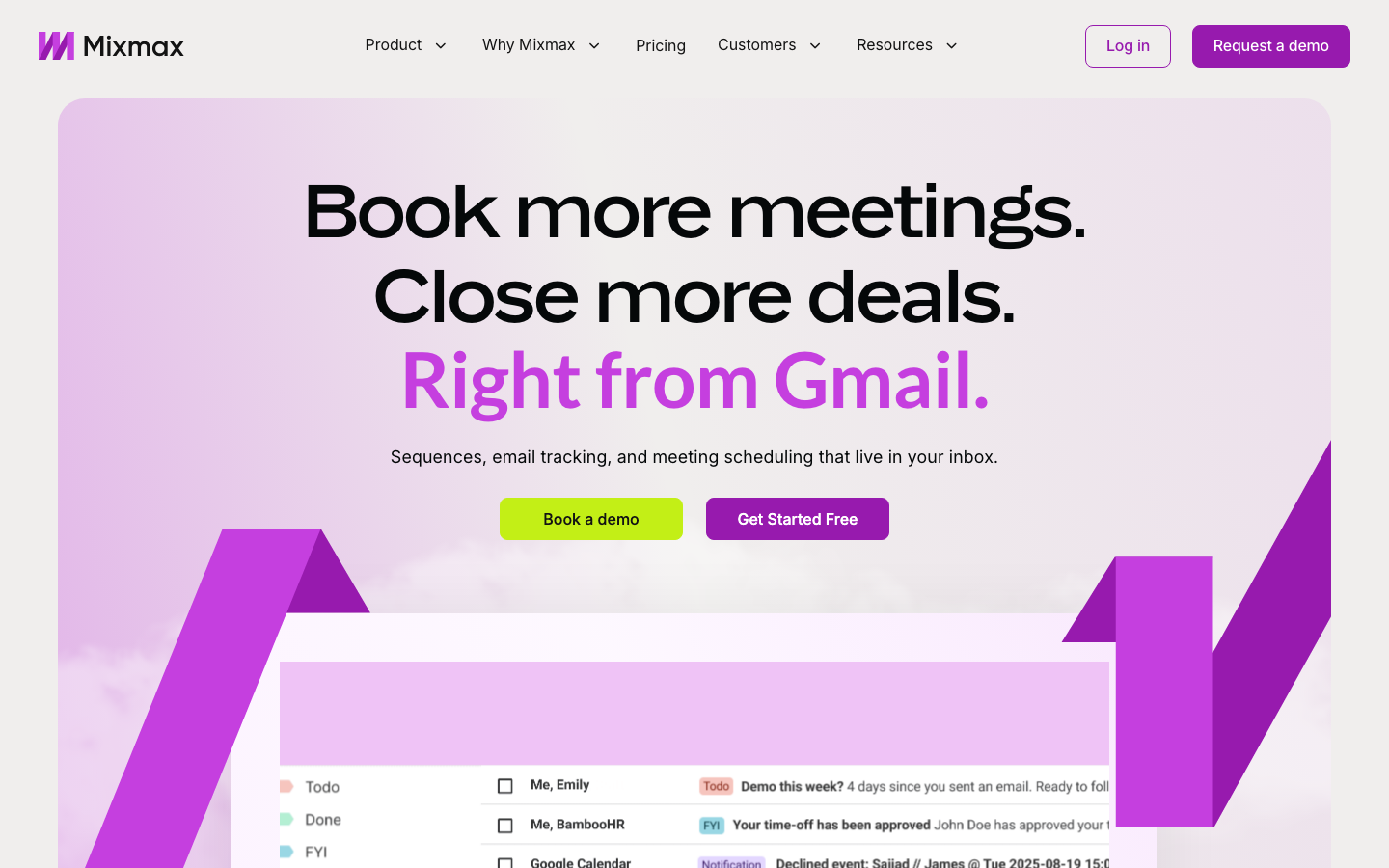 Mixmax homepage showing Gmail-based sales engagement features and AI copilot modules