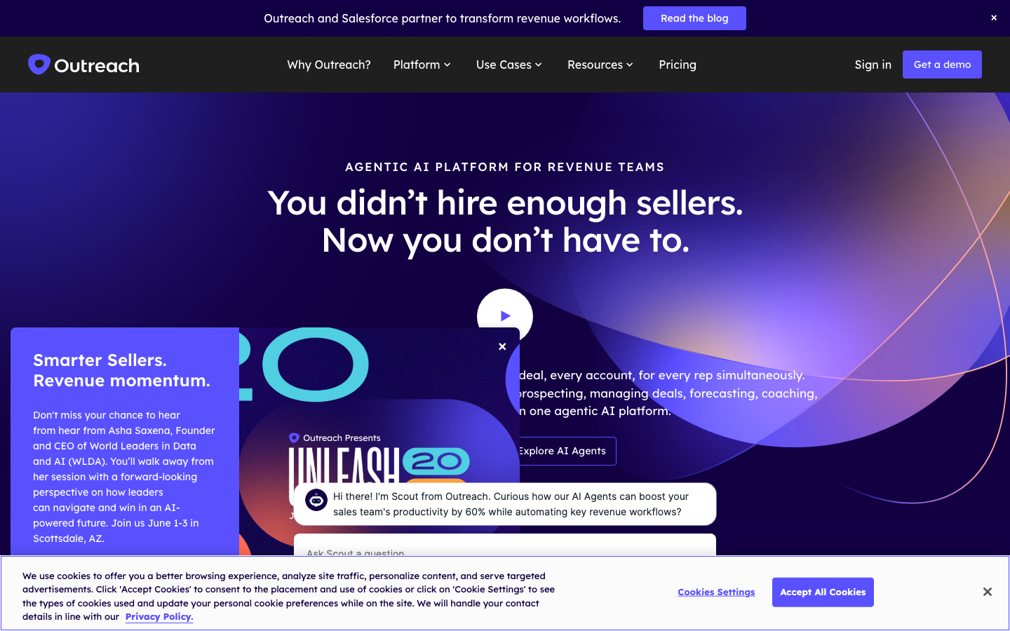 Outreach Amplify AI platform homepage showing agentic AI sales execution headline