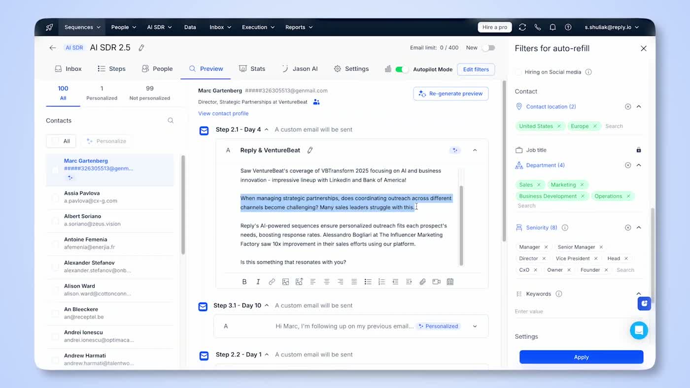 Reply.io unified inbox showing replies from email and LinkedIn consolidated into a single conversation view for the rep