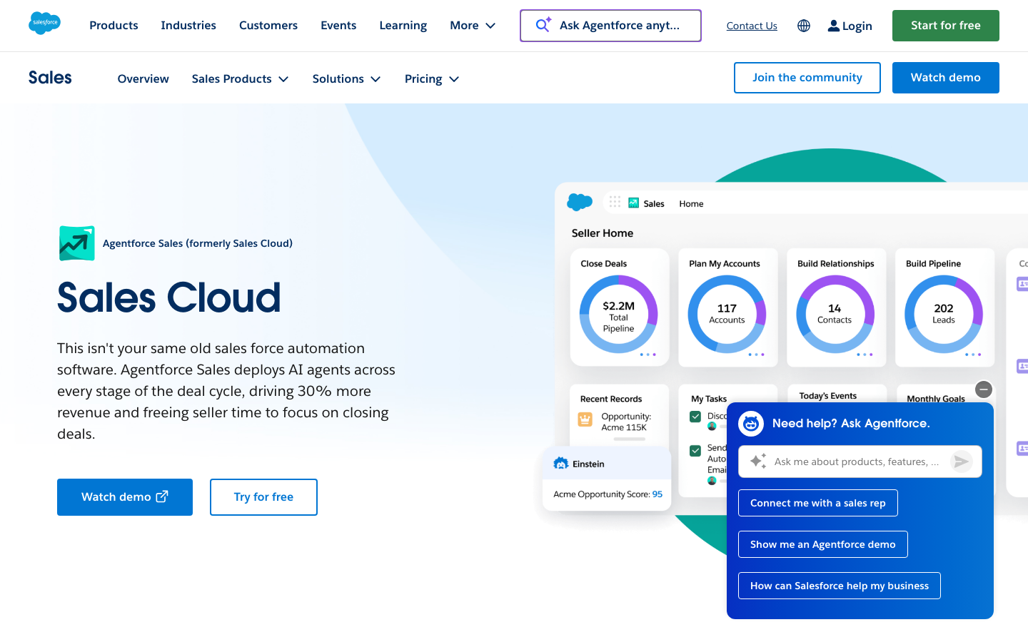 Salesforce Sales Cloud homepage with Agentforce AI sales tools and opportunity dashboard