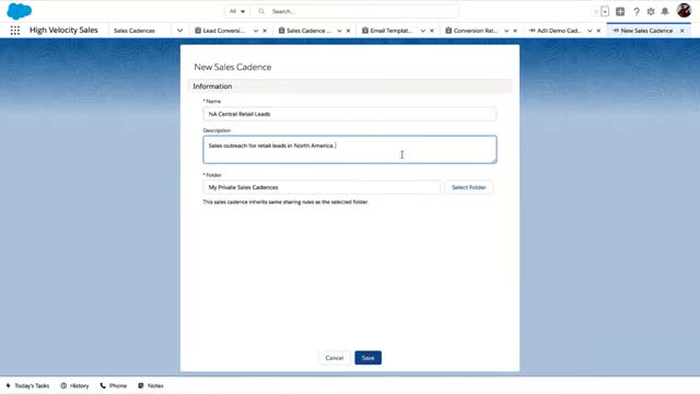 Salesforce Sales Engagement work queue inside Lightning console showing cadence steps, call tasks and email drafts reps execute without leaving Salesforce