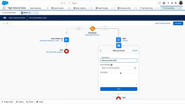 Salesforce Sales Engagement cadence configuration showing email and call step sequencing with send timing and task assignment rules in the setup interface