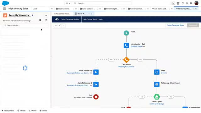 Salesforce Sales Cloud Lightning interface showing Agentforce AI-powered sales workflow with cadence activity, opportunity data and AI-generated next-step recommendations