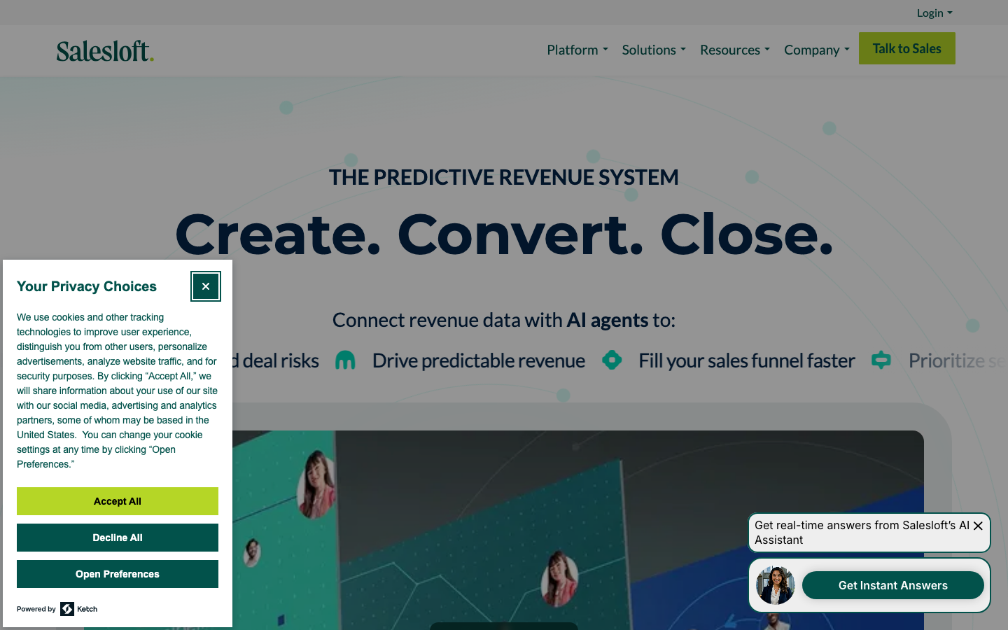 Salesloft homepage with predictive revenue system headline and AI deal risk indicators