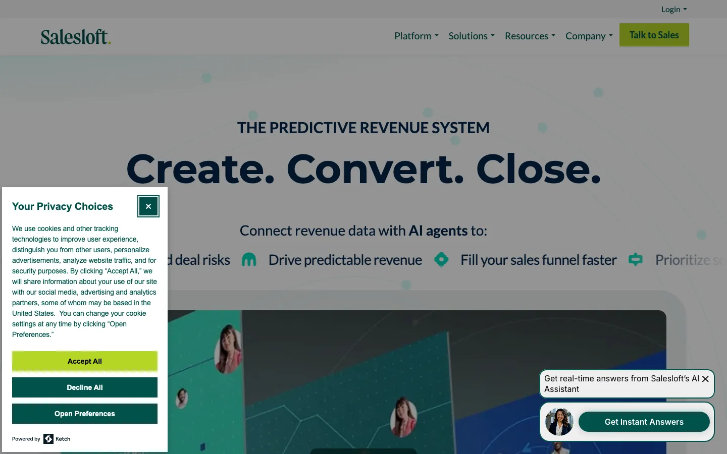 Salesloft homepage with predictive revenue system headline and AI deal risk indicators