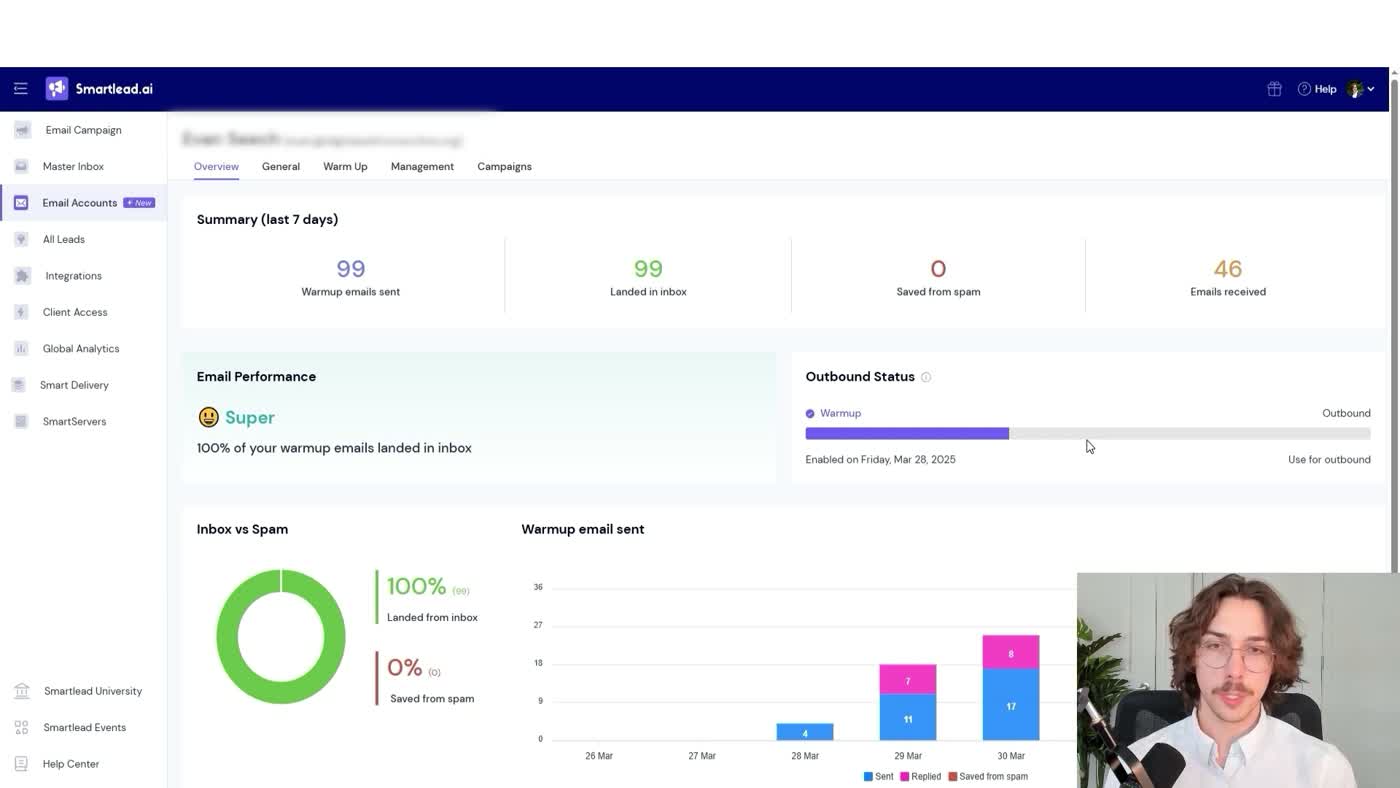 Smartlead inbox warmup dashboard showing warmup progress scores and email account health status for the connected mailboxes