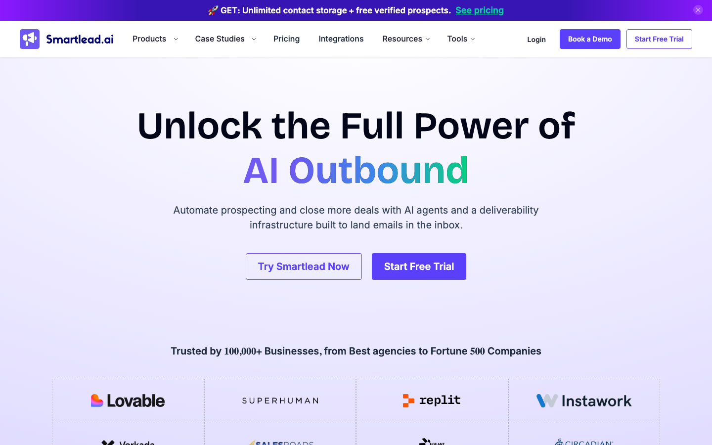Smartlead cold email platform homepage showing email infrastructure and warmup features