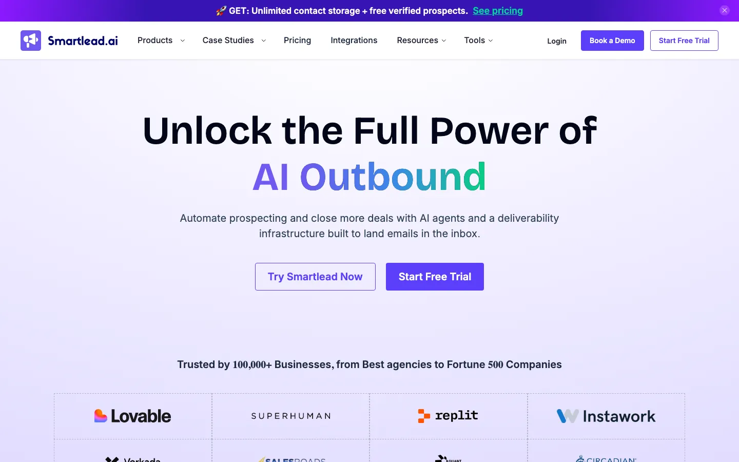 Smartlead cold email platform homepage showing email infrastructure and warmup features