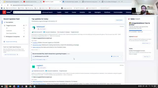 ZoomInfo Copilot AI prospecting interface showing account research summaries and recommended outreach messaging generated from intent signals