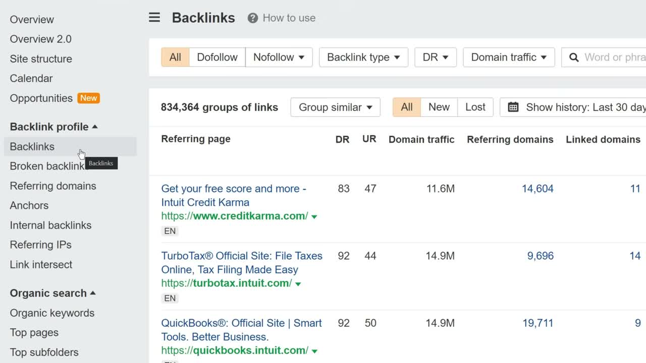 Ahrefs Site Explorer showing organic traffic estimate and top pages for a domain