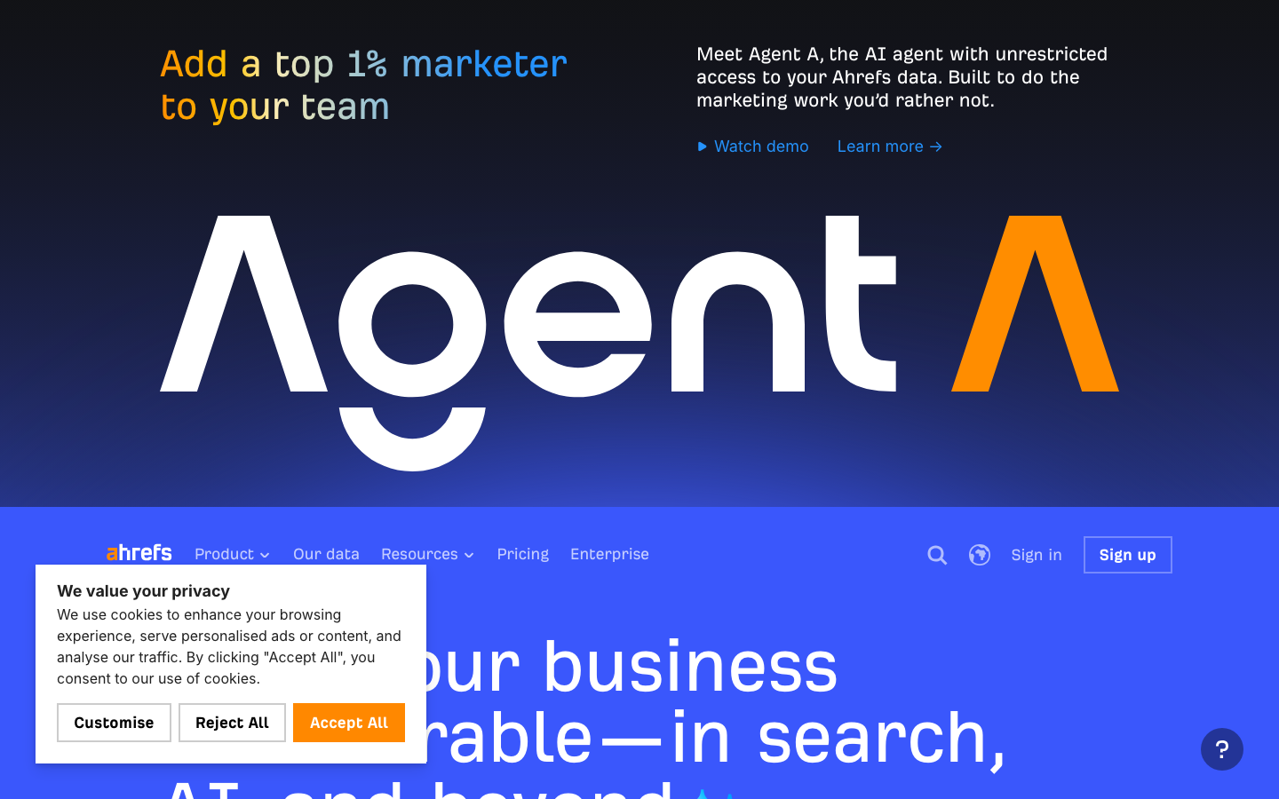 Ahrefs homepage showing Agent A AI feature and SEO platform overview
