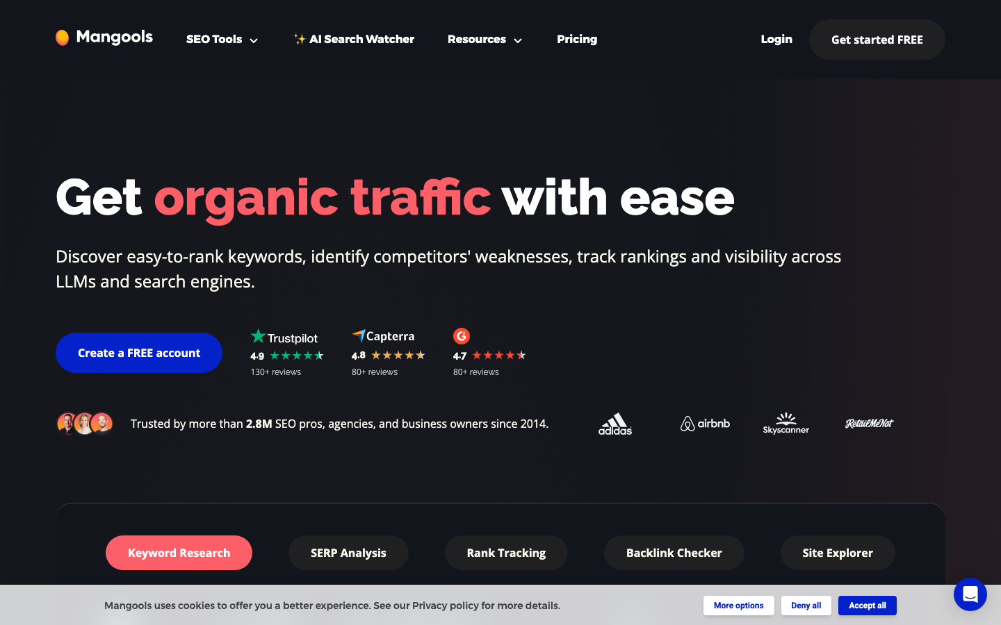 Mangools homepage showing KWFinder keyword research and SEO tools suite
