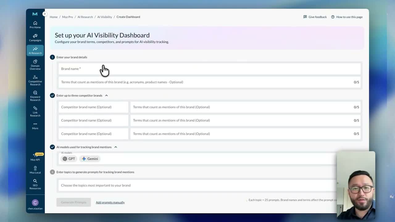 Moz Pro domain overview dashboard showing Domain Authority score, organic traffic, and keyword rankings