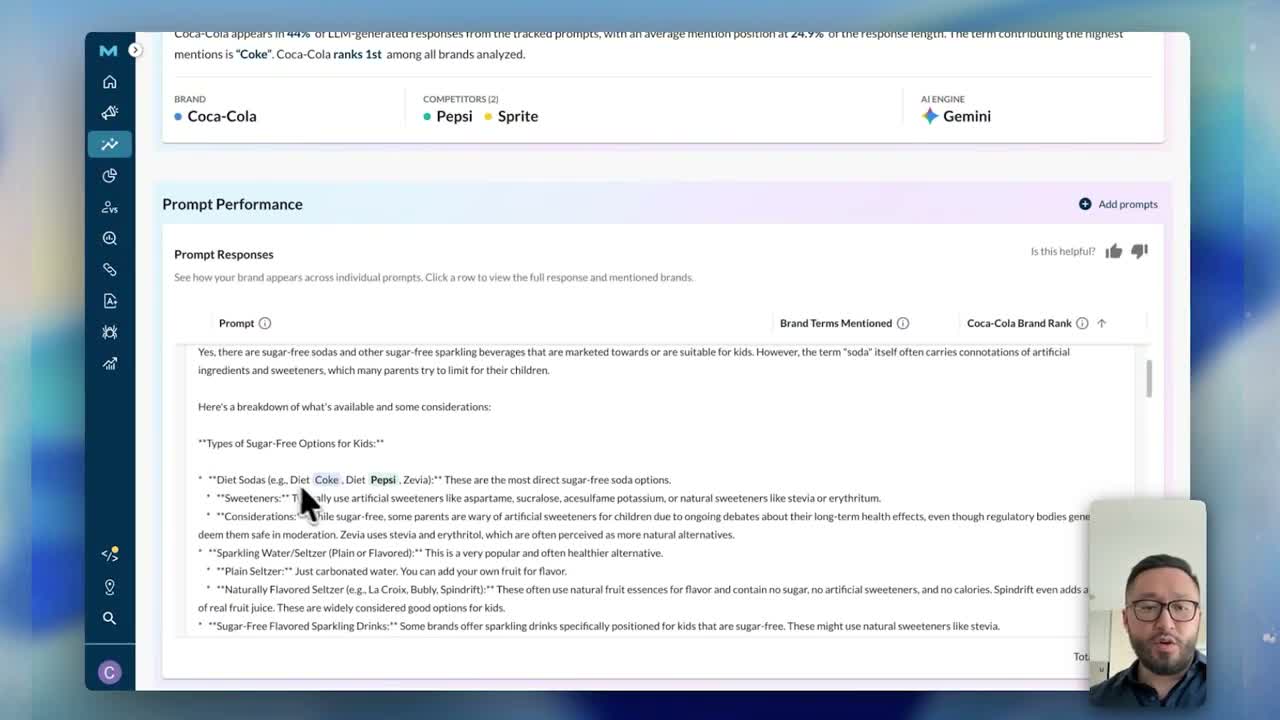 Moz Pro AI visibility tracking interface showing brand presence across AI-powered search engines