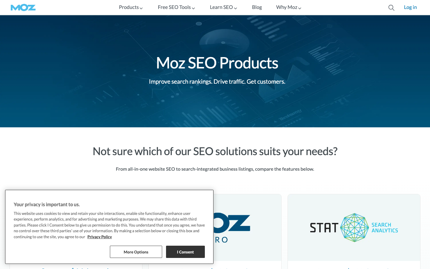 Moz Pro homepage showing SEO platform with keyword research and site audit tools
