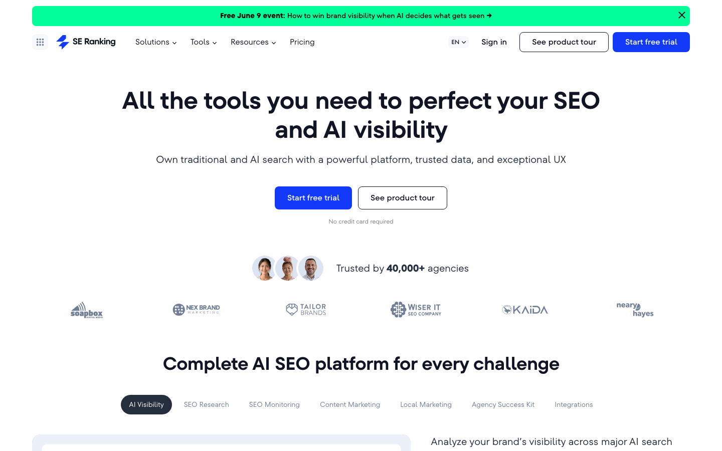SE Ranking homepage showing AI SEO and visibility platform overview