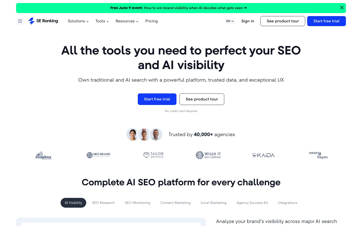 SE Ranking homepage showing AI SEO and visibility platform overview
