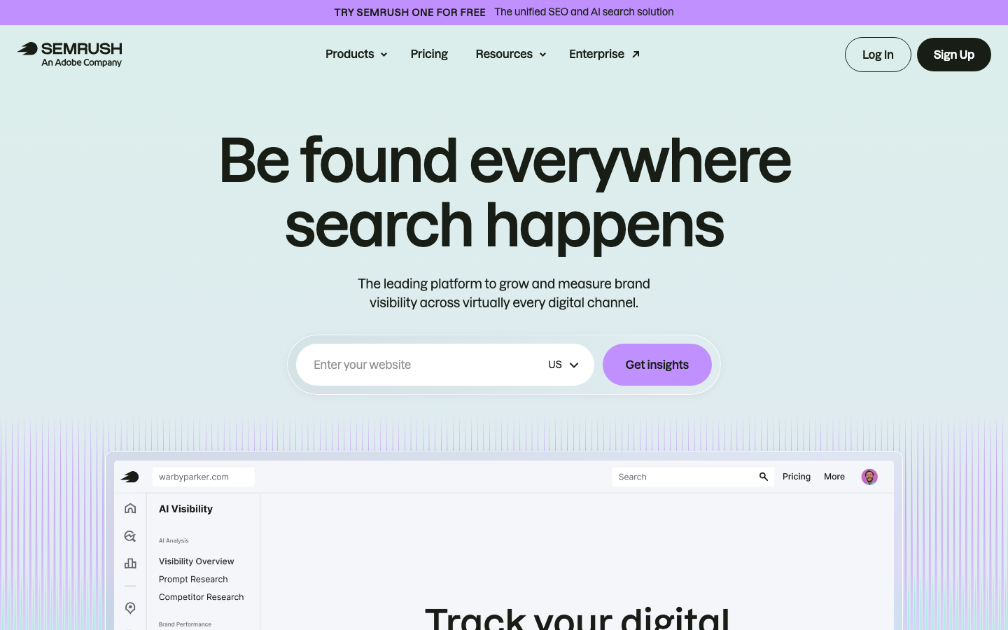 Semrush homepage showing SEO, content, and AI visibility platform overview