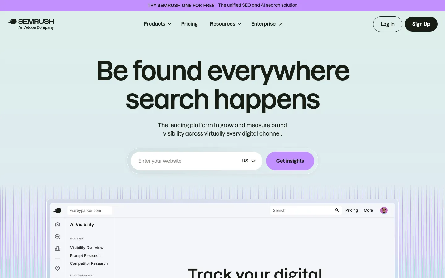 Semrush homepage showing SEO, content, and AI visibility platform overview