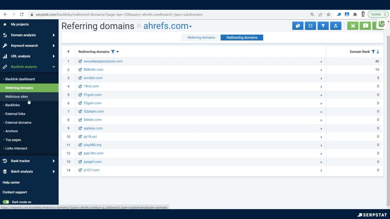 Serpstat site audit results showing technical SEO errors, warnings, and on-page optimization recommendations