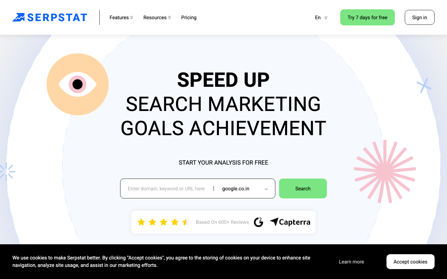 Serpstat homepage showing SEO platform with keyword research and competitor analysis tools