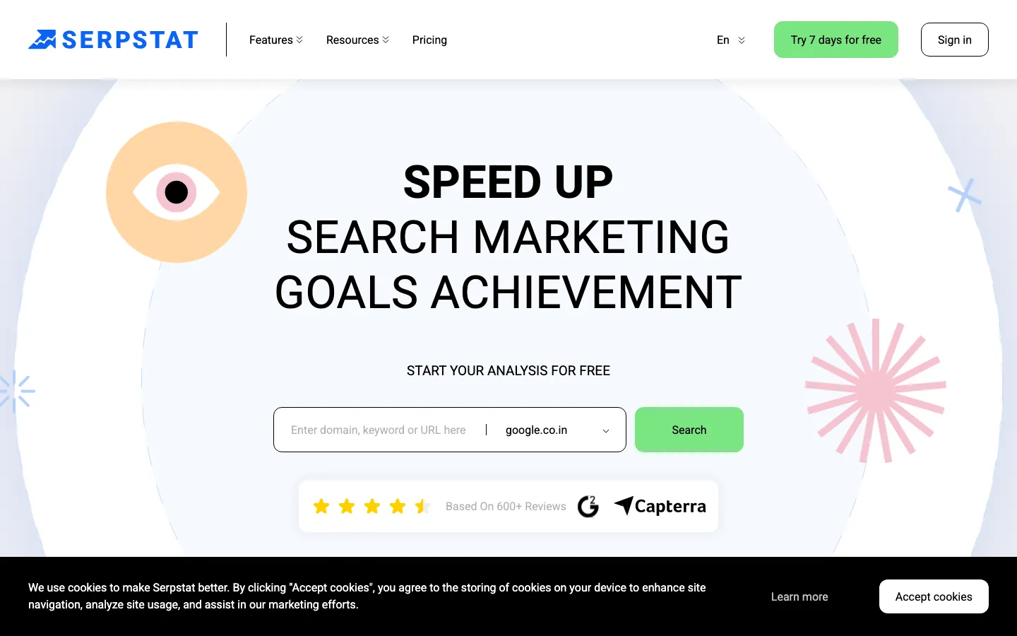 Serpstat homepage showing SEO platform with keyword research and competitor analysis tools