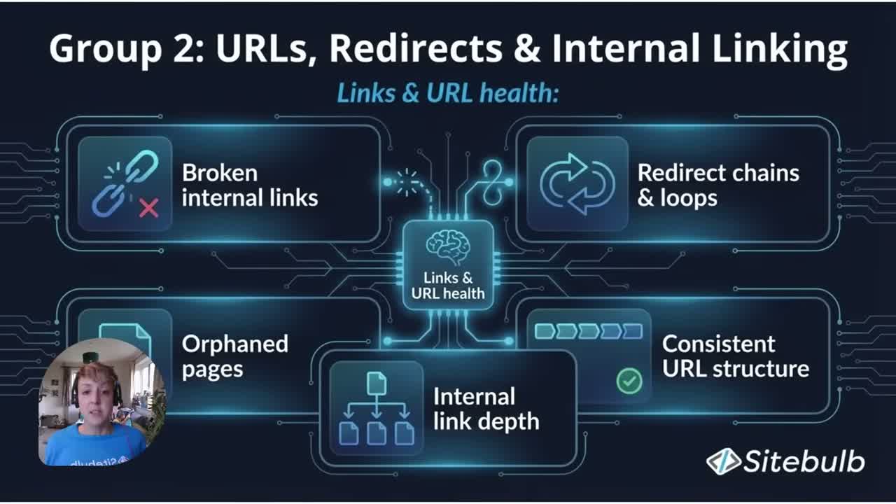 Sitebulb audit issues list showing critical, warning, and hint priority levels with affected URLs
