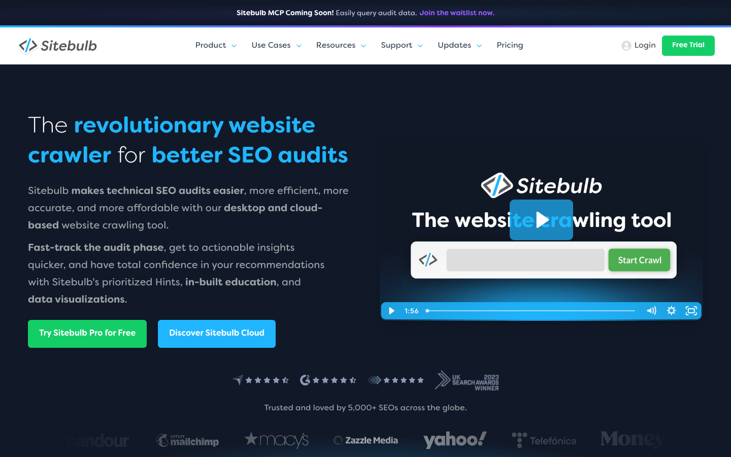 Sitebulb homepage showing visual technical SEO audit platform interface