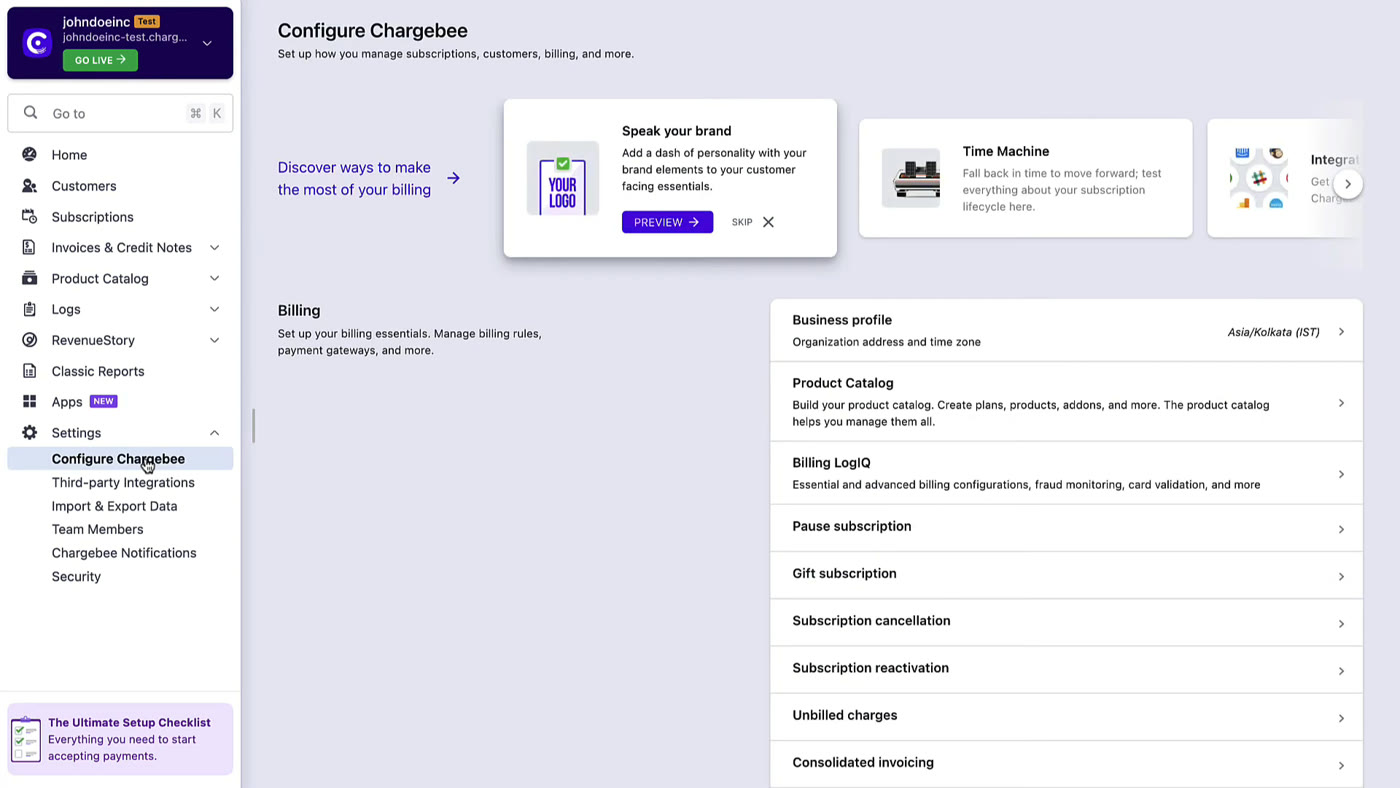 Chargebee configure screen showing business profile, product catalog, and billing logic setup steps