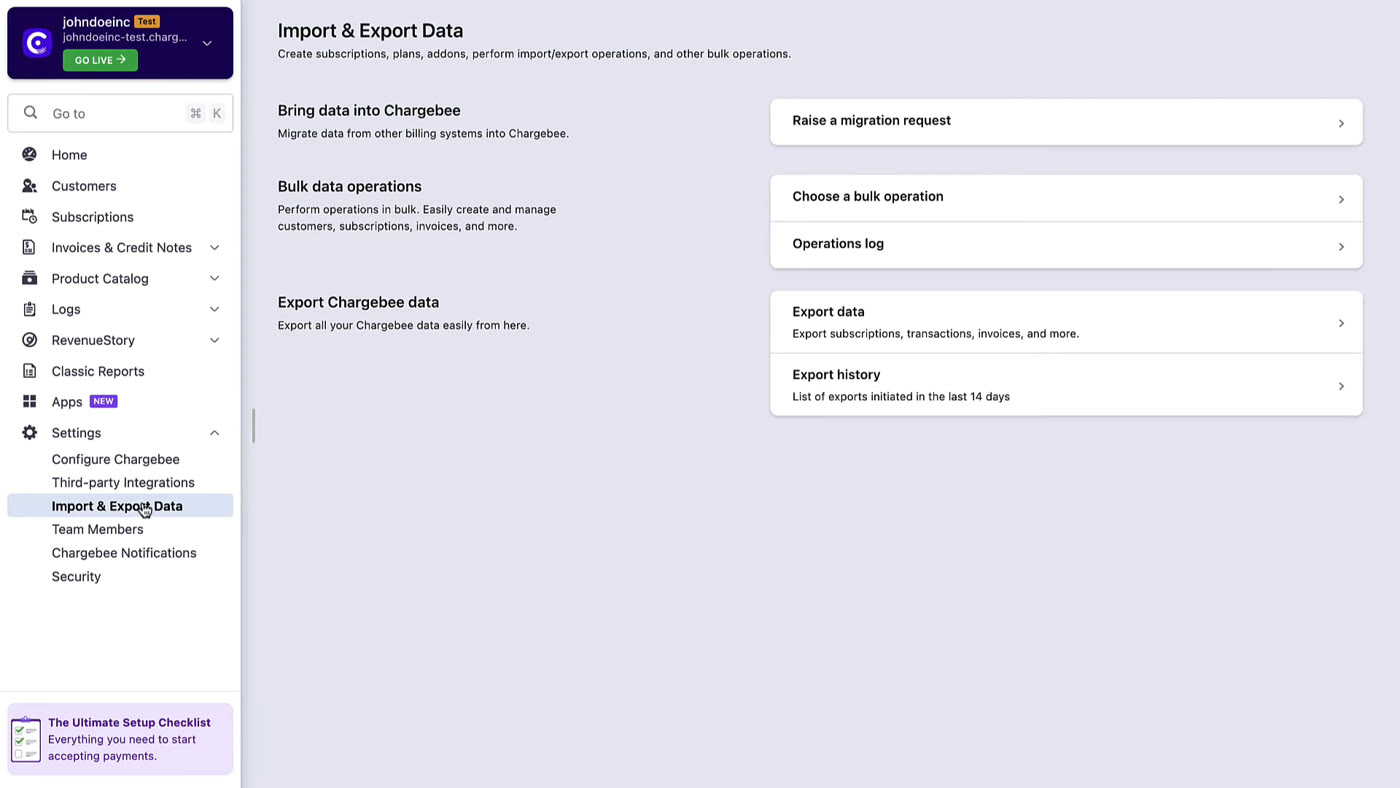 Chargebee import and export data screen showing bulk migration and data export operations