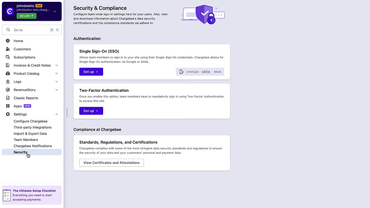 Chargebee security and compliance settings showing single sign-on and two-factor authentication options