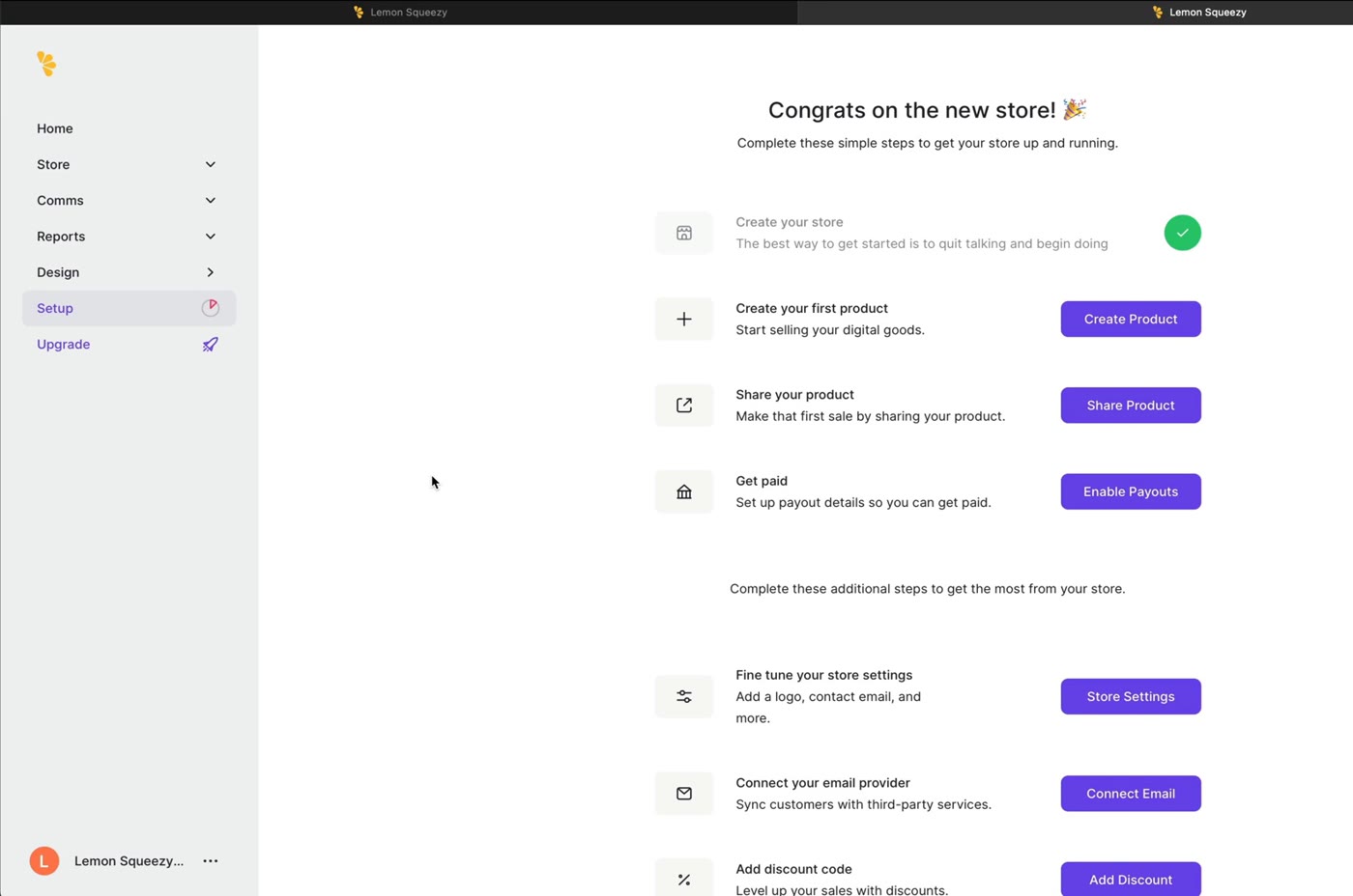LemonSqueezy store onboarding checklist showing steps to create a product, share it, and get paid