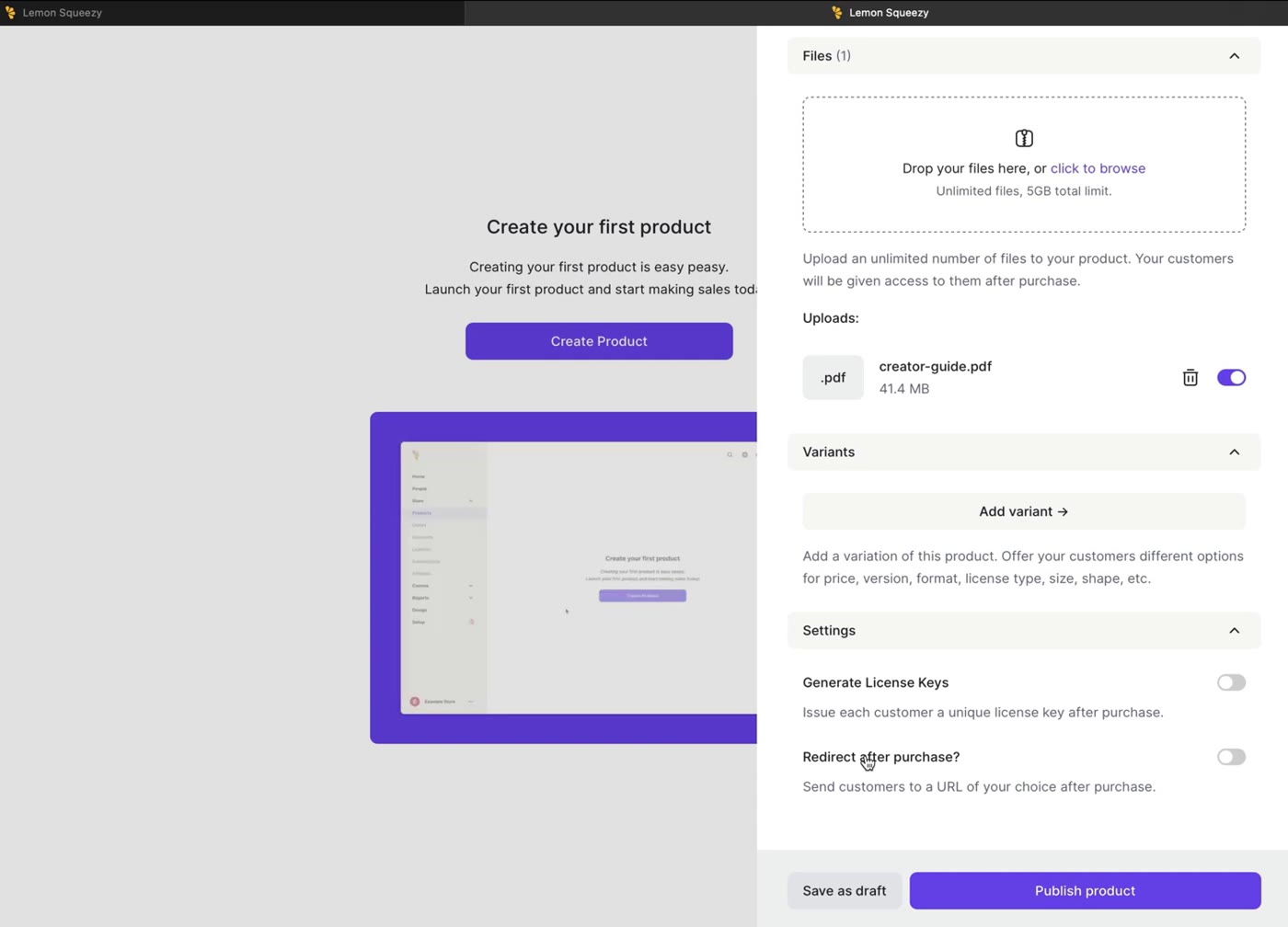 LemonSqueezy product setup panel showing file uploads, variants, and license key settings