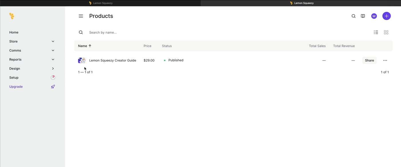 LemonSqueezy products list showing a published product with price and status columns