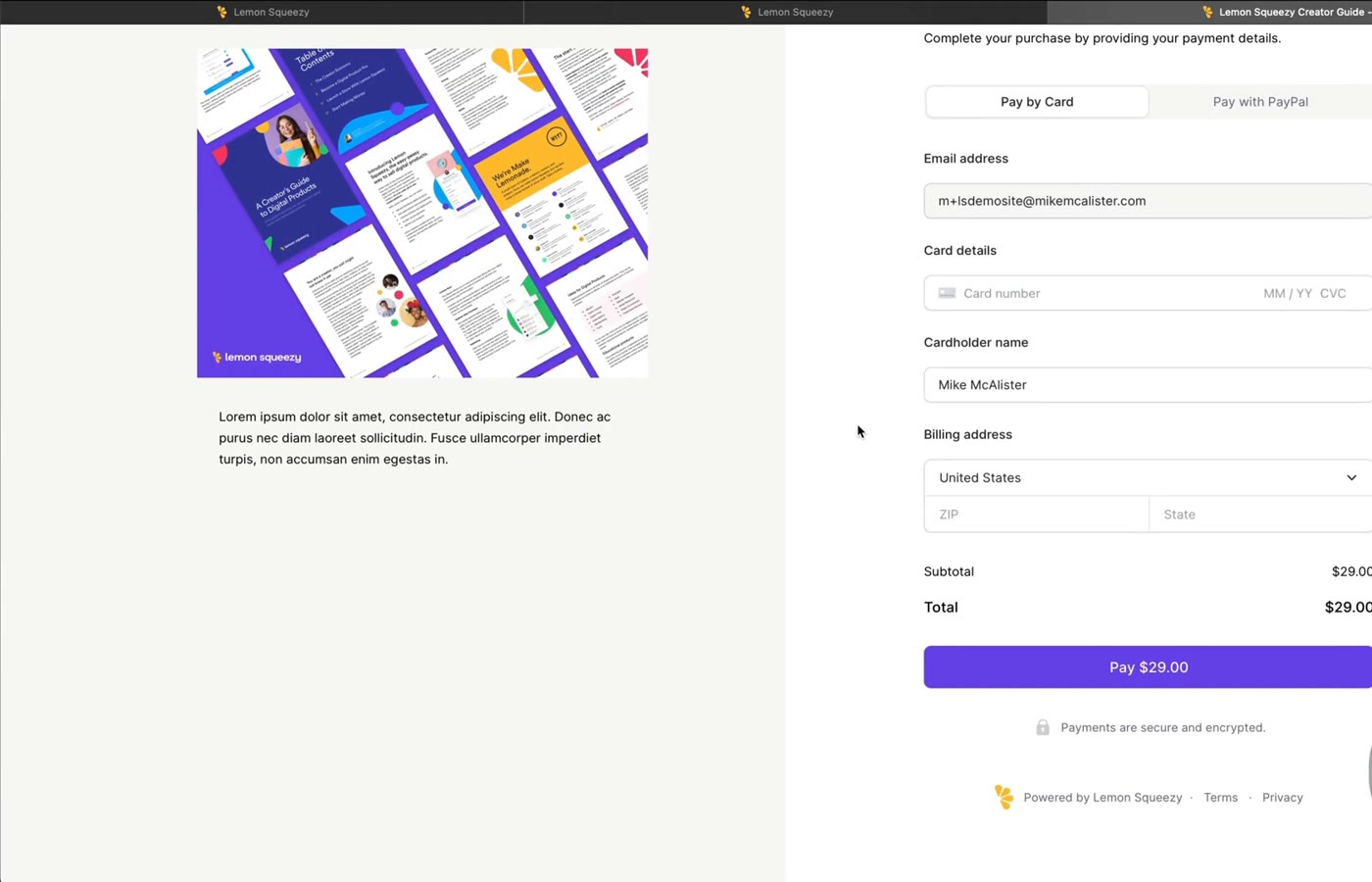 LemonSqueezy hosted checkout page showing card payment fields and order total