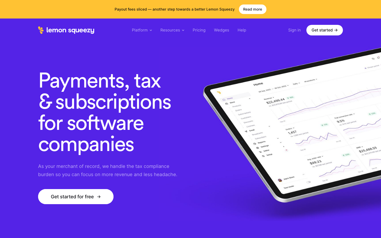 LemonSqueezy homepage showing merchant of record positioning for indie SaaS and digital product sellers