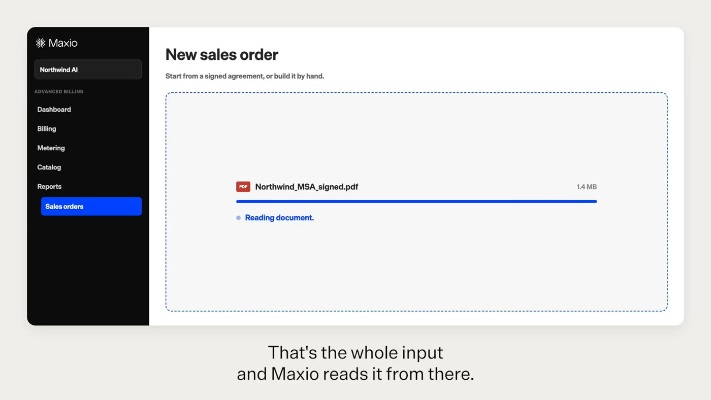 Maxio new sales order screen showing a signed agreement PDF being read by AI contract ingestion