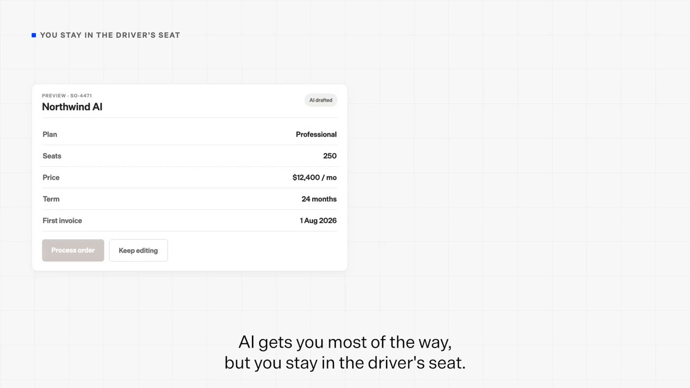 Maxio order preview screen showing plan, seats, price, and term fields before processing