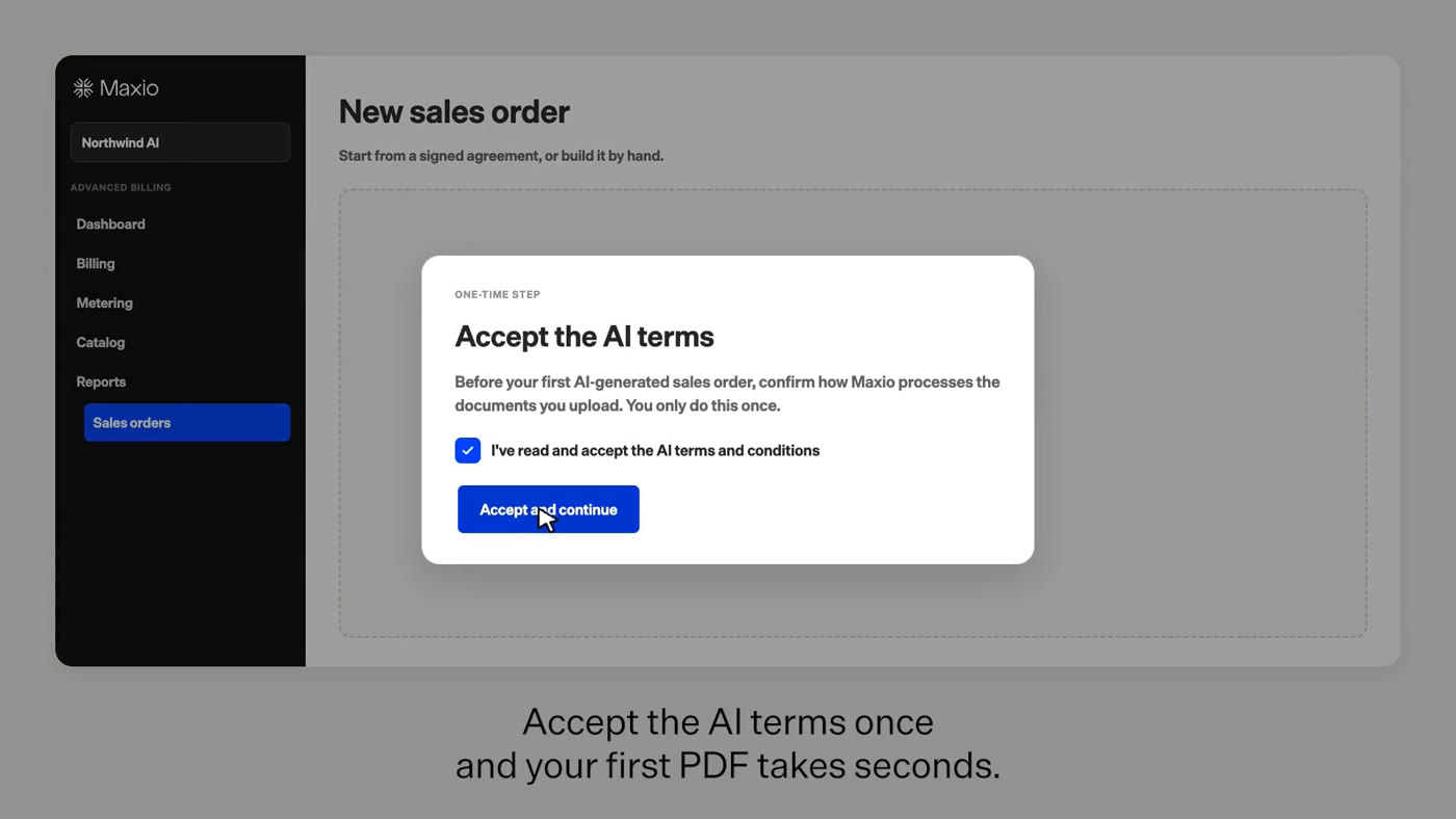 Maxio modal for accepting AI terms before Maxio processes an uploaded sales order document