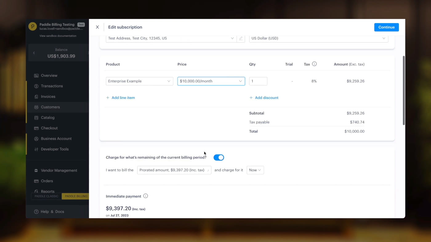 Paddle edit subscription modal showing product price, tax, and prorated total due