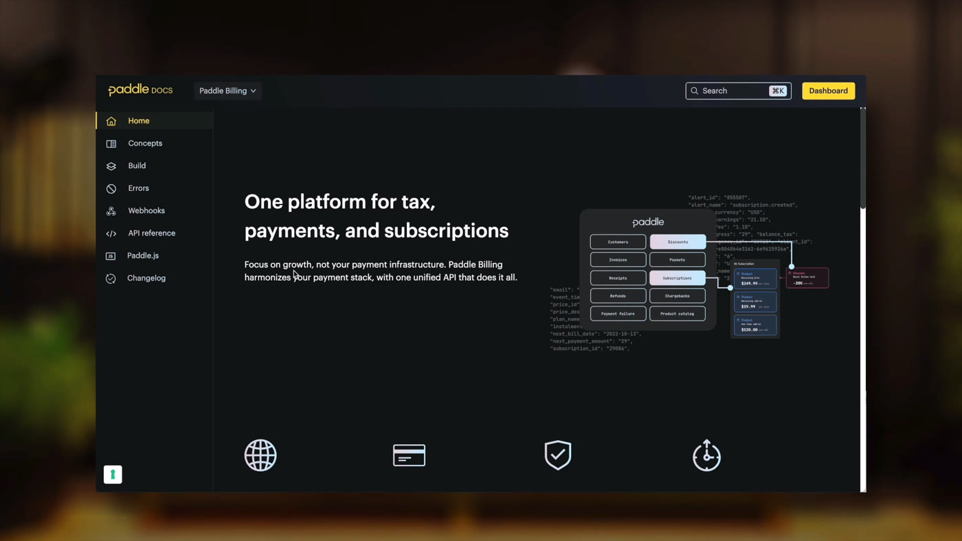 Paddle Billing developer portal homepage showing tax, payments, security, and subscription modules