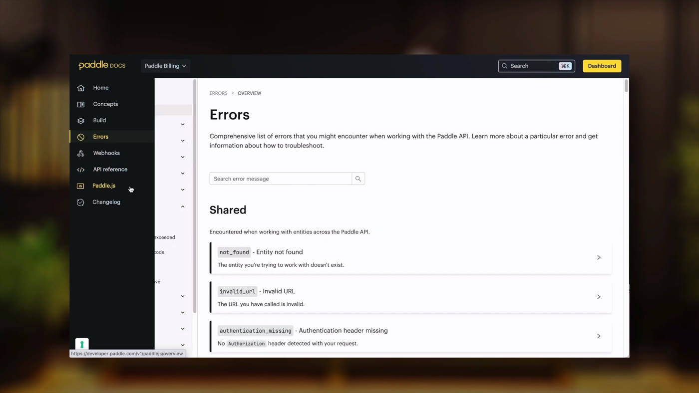 Paddle API error reference documentation listing error codes and troubleshooting guidance