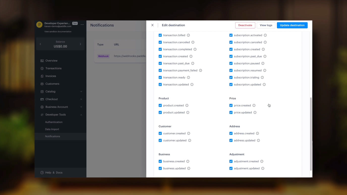 Paddle notification settings showing a webhook destination with selectable event types