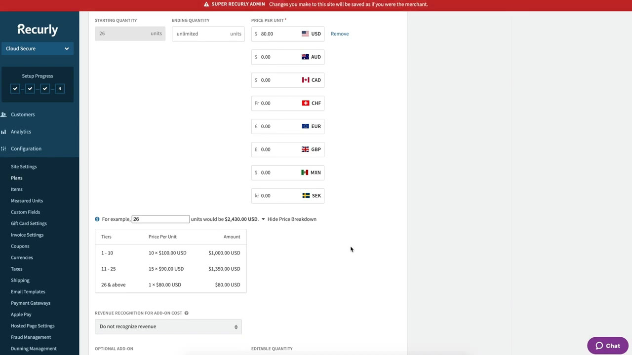 Recurly plan configuration screen showing tiered price breakdown by quantity range